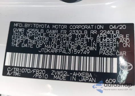 2020 Toyota Prius Prime Le z USA, uszkodzony, nr VIN JTDKARFP4L3159749